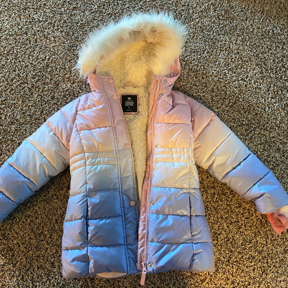 Pink, purple and Cream Puffer Jacket with Faux Fur Lining
